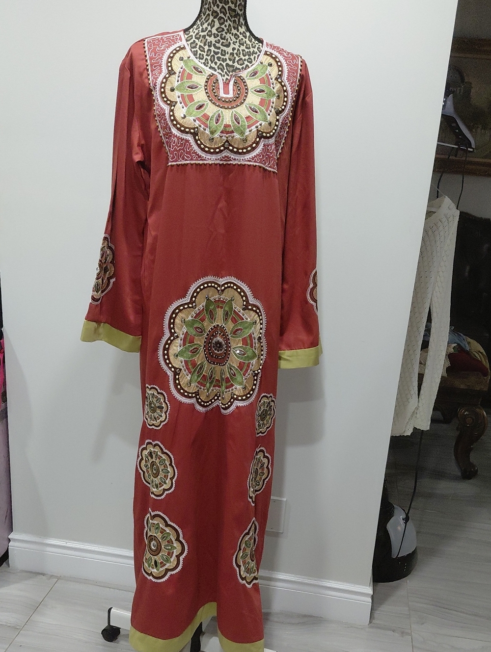 Embroidered Coral Max Kaftani Dress with Green Accents